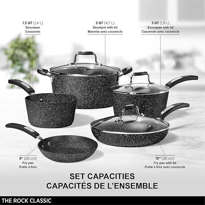 Starfrit The Rock 8PC Non-Stick Cookware set - Durable Forged Aluminum - Oven Safe - PFOA Free - Easy to Clean - Black