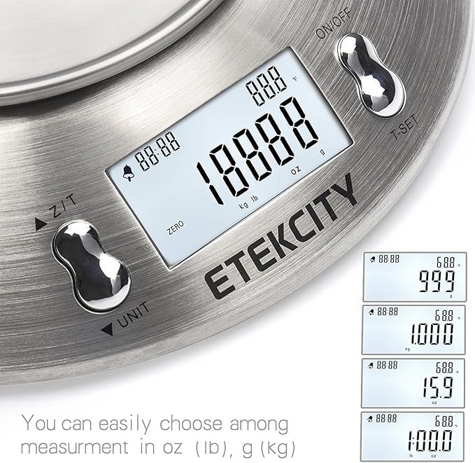 Etekcity Food Kitchen Scale with Bowl, Digital Weight Scale for Food Ounces and Grams, Cooking and Baking, Timer, and Temperature Sensor, 2.06 QT, Stainless Steel
