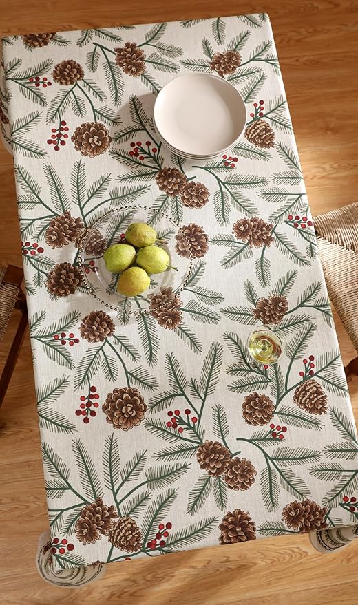 Christmas Tablecloth for Rectangular Tables,Linen Table Cloth with Leaves and Pinecones Pattern,Heavy Durable Table Cover for Dining Thanksgiving Kitchen Party Banquet Christmas,67"*118"