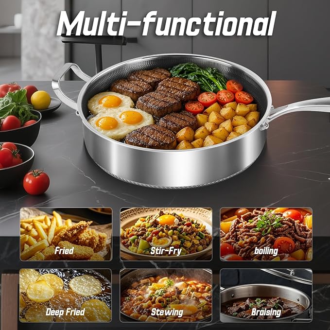 Frying Pans Nonstick wih Lid, Non Stick Tri-Ply Stainless Steel Saute Pan, 8 Quarts Large Sauté Pan, 13.5 Inch Induction Cooking Pan, Dishwasher and Oven Safe, PFOA Free