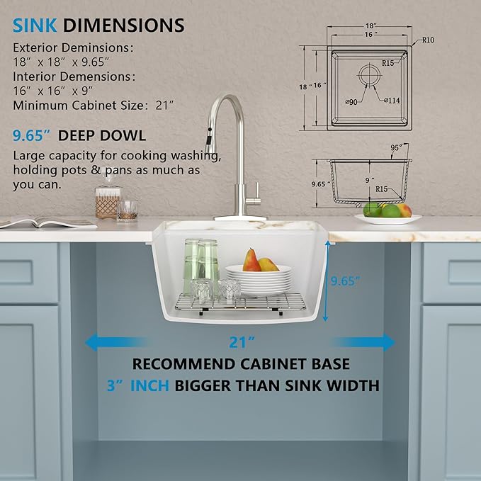 18 Undermount Bar Sink Workstation - Fulorni 18"x18" Undermount Wet Bar Sink White Granite Composite Quartz Classic Single Bowl Under Counter Small Kitchen Bar Prep RV Sink Basin