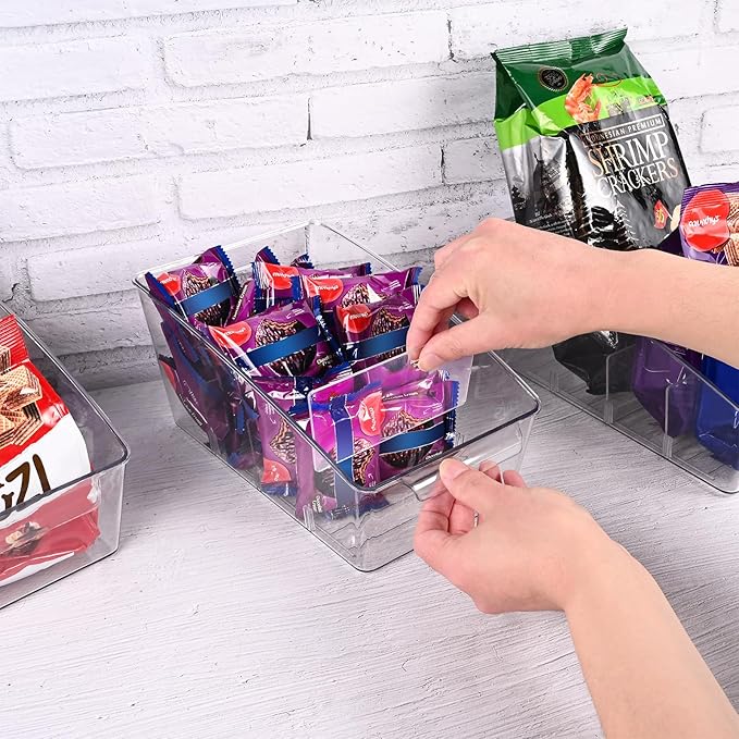 6 Pack Clear Pantry Organizer Storage Bins Removable Snack Organizer Plastic Cabinet Organizers Racks with 3 Dividers, Refrigerator Bins Kitchen Storage