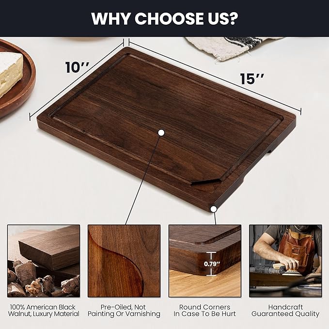 Walnut Wood Cutting Board for Kitchen with Deep Juice Groove & Side Handles, 15”L x 10”W x 0.8”H, Handcrafted North American Black Walnut Wood Grain, Small Chopping Board, Reversible Butcher Block