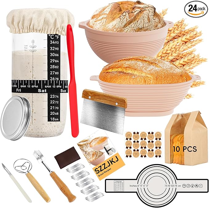 Sourdough Starter Kit, 24PCS Sourdough Bread Baking Supplies, Silicone Banneton Bread Proofing Basket Set of 2, Sourdough Starter Kit Beginners with 10pcs Bread Bags for Baking Lovers