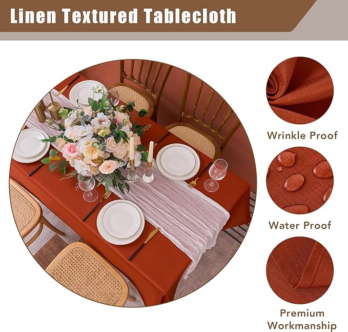 Fitable Faux Linen Rectangle Tablecloths 60 x 102 Inch - 2 Pack Rust Table Cloth for 6-8 Foot Tables, Faux Burlap Kitchen Table Cover for Thanksgiving Autumn Dining Party Farmhouse Banquet Buffet
