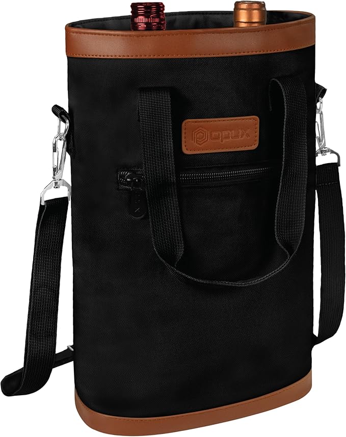 opux Two Bottle Wine Bag Carrier Tote, Insulated Leakproof 2 Bottle Wine Cooler Bag for Travel BYOB Picnic, Portable Wine Case, Gift for Men Women Wine Lover Birthday Party Christmas, Black