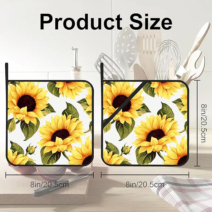 Groovy Sunflower Pot Holders Set of 2 Kitchen Heat Resistant Potholders for Microwave Cooking Baking Oven End Dishes and BBQ Gifts for Women