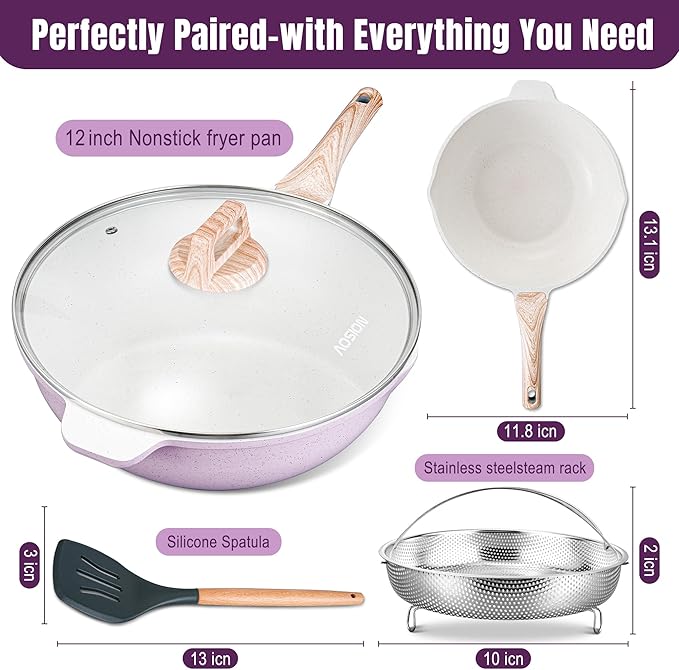 AOSION 12 Inch Nonstick Ceramic Deep Frying Pan,5.5QT Sauté Pan with lid,Large Skillet with Steam Rack,Healthy Jumbo Cooker,Stay Cool Handle,Induction Compatible, PFOA & PFAS Free,Purple.
