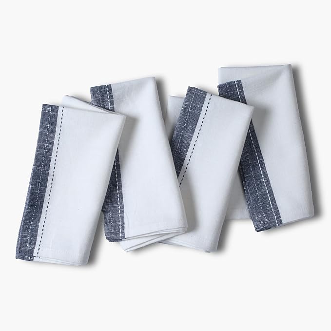 Ramanta Home Cloth Napkins Set of 4 Textured Cotton 18x18 - Premium Contrast Border Fall Thanksgiving Dinner Napkins for Christmas Farmhouse Wedding, Soft Washable Table Linen for Everyday Use - White