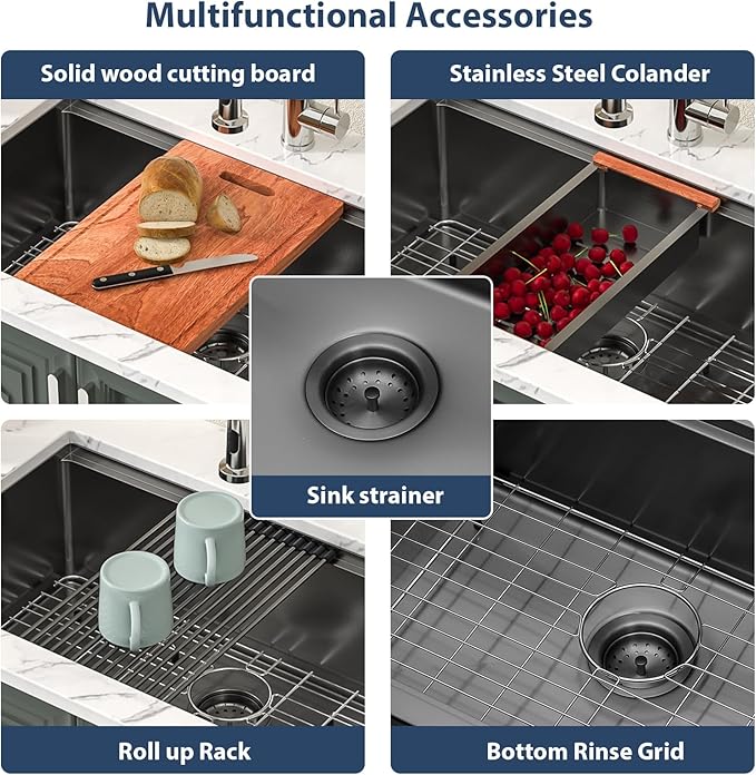Lordear 32 Undermount Kitchen Sink 32X19 Inch Sinks Ledge Workstation Gunmetal Black 16 Gauge Stainless Steel Single Bowl Under Counter Kitchen Sink Basin with Built- in Accessories