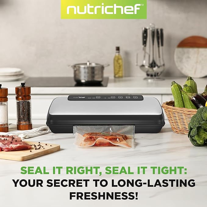 NutriChef Food Vacuum Sealer Machine, Stainless Steel Automatic Air Sealing System for Dry/Moist Foods, LED Touch Controls, Includes Vacuum Hose, Bag Roll and Wine Stopper, 110W Suction Power, 14"x6"