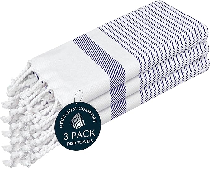 Indigo Blue Turkish Kitchen Towels 16x26 Inch, 3 Pack, 100% Cotton, Soft, Absorbent, Fast Dry, Machine Washable, Dish Towel with Tassels for Drying Dishes, Cleaning, Everyday Use