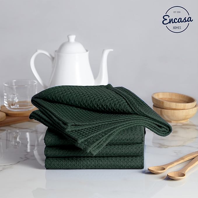 Encasa XO Kitchen Dish Towels Set | Dark Green | Waffle Weave and Flat Hand Tea Towel | 28"x18" | Quick Drying Reusable Cotton Washcloths | Multipurpose Lightweight Dishcloths Set of 4