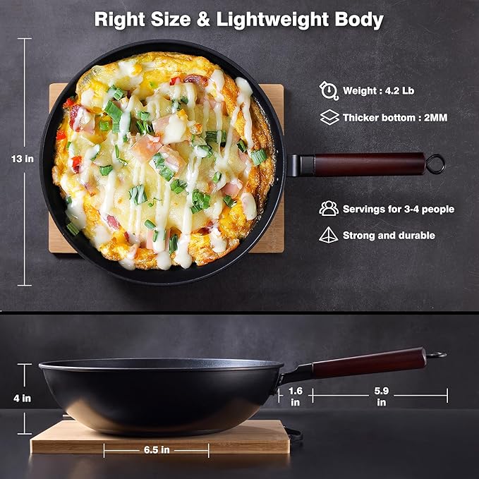 Carbon Steel Wok -13 Inch Woks & Stir-fry Pans Nonstick, Wok Pan with Glass Lid Spatula and Dish Brush: Pre-Seasoned Flat Bottom Chinese Wok for Induction, Electric, Gas, All Stoves