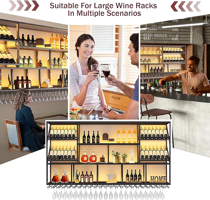 70.8Inch Wall Mounted Wine Rack, 3 Tiers Large Bar Shelves with 18 Glass Holder, Metal Wine Bottle Display Shelf, Modern Iron Liquor Shelf, for Kitchen Dining, Home Bar, Cellar (70.8" W)