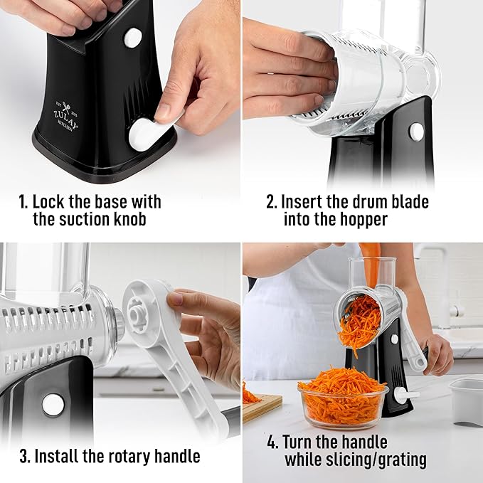 Zulay Kitchen Rotary Cheese Grater 5 Blade Cheese Shredder - Manual Hand Crank Cheese Grater With Reinforced Suction & 5 Interchangeable Drums - Easy to Use, Vegetable Chopper Round Mandoline Slicer