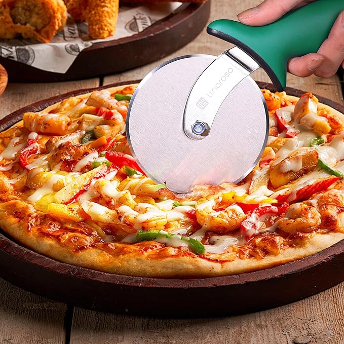 Linoroso Pizza Cutter Wheel, Durable Stainless Steel 4-Inch Pizza Wheel Cutter with Comfortable Safety Handle, Pizza Slicer Wheel for Cutting Through Pizza, Crust, Pie, Brownie, Flatbread, Green