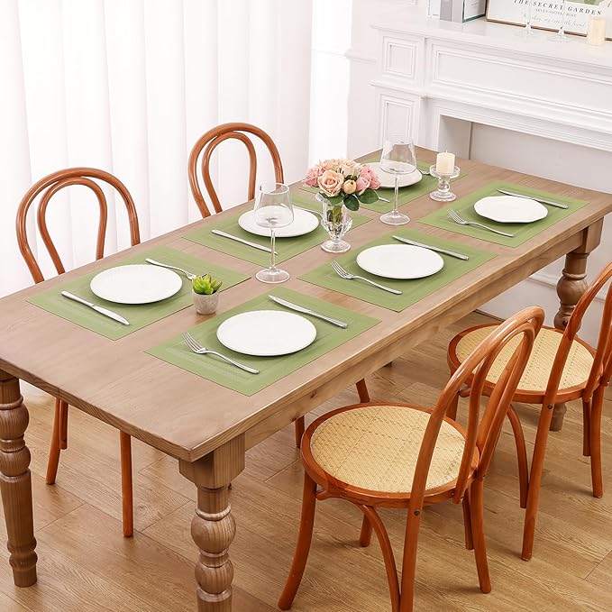 SHACOS Woven Vinyl Placemats Set of 4 Wipe Clean Place Mats Non Slip Reversible Dining Table Mats Indoor Outdoor (4, Frame Olive Green)