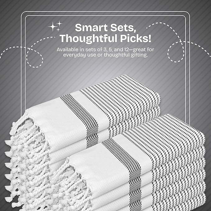 Black Turkish Kitchen Towels 16x26 Inch, 12 Pack, 100% Cotton, Ultra Absorbent, Soft, Fast Dry, Machine Washable, Dish Towel with Tassels for Drying Dishes, Cleaning, Everyday Use