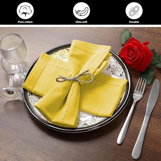 Bedding Craft Cotton Dinner Napkins Set of 12 – 18x18 Sand Yellow with Hemstitched Mitered Corners – Machine Washable Fabric Napkins for Thanksgiving, Weddings & Cocktails