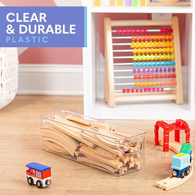 Plastic Food Storage 4 Pack Clear Container Bin with Handles for Organizing Kitchen, Pantry, Refrigerator, Freezer, Pantry, Cabinet, Closet, Bathroom. 14”x4”x4”