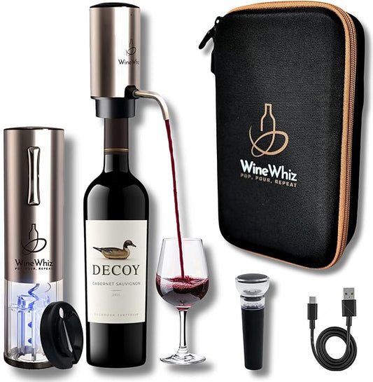 Electric Wine Aerator & Opener Set by WineWhiz with Case and Accessories (Rechargeable Stainless Steel Corkscrew, Dispenser, Foil Cutter Tool, Stopper), Ideal Gift for Housewarming