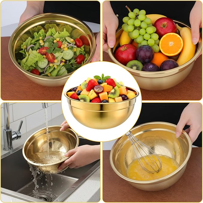 SHENLIU 7 Pcs Gold Mixing Bowls with Airtight Lids, Stainless Steel Mixing Bowls Metal Nesting Organizers for Baking, Prepping and Serving Food, Non-slip Bottom Size 7, 3.6, 2.7, 2.1, 1.5, 1.1, 0.8Qt