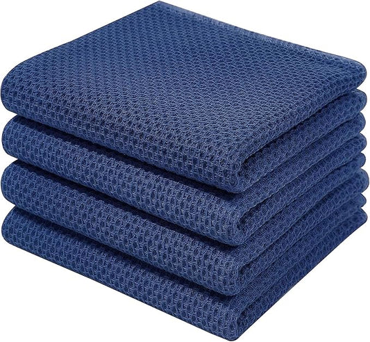 Homaxy 100% Cotton Waffle Weave Kitchen Dish Towels, Ultra Soft Absorbent Quick Drying Cleaning Towel, 13 x 28 Inches, 4-Pack, Navy Blue