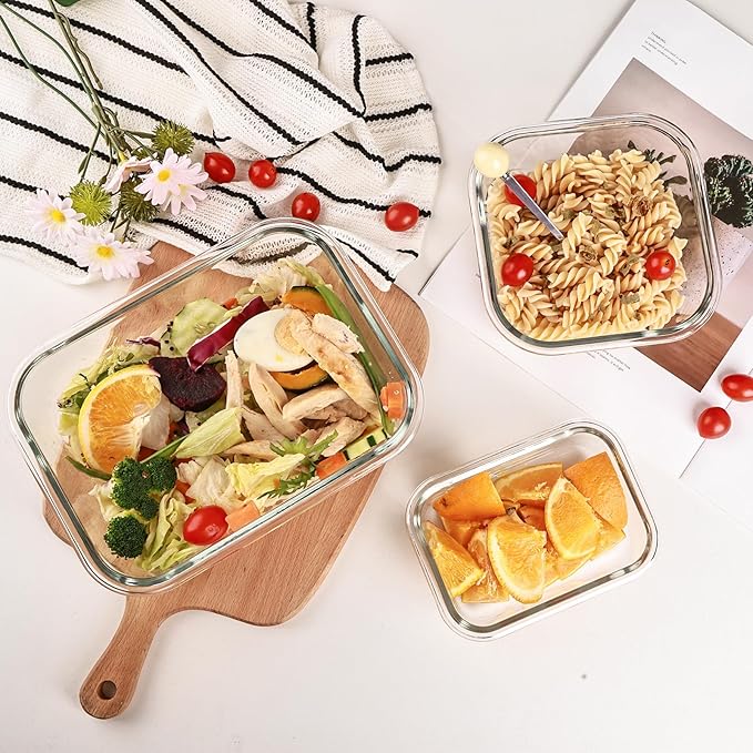 [8 Pack] Glass Meal Prep Containers with Lids, Extra Thick Airtight Glass Food Storage Set (5.1oz–51oz), Leakproof Lunch Boxes for Leftovers, Pantry Storage & Kitchen Organization, BPA-Free