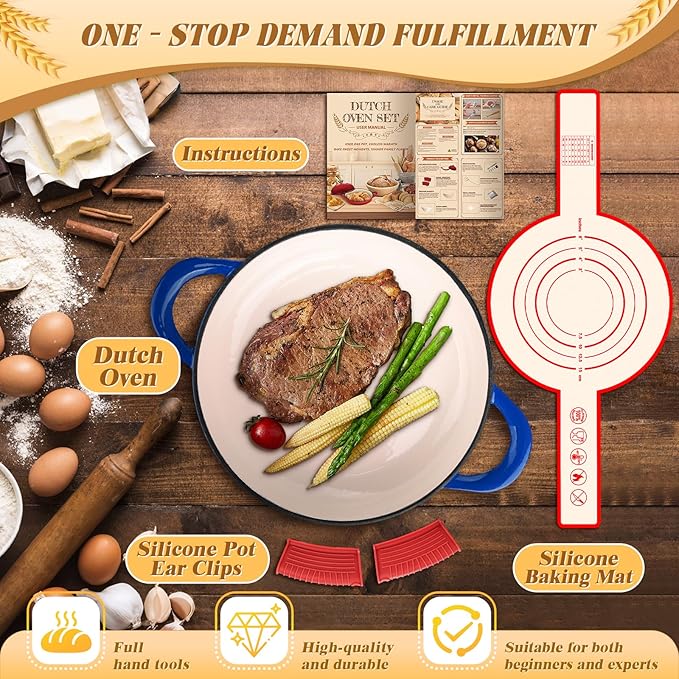 Dutch Oven Bread Baking Pot with Lid 6QT Enameled Cast Iron Oven, Gradient Blue Design & Sourdough Kit (Silicone Sling) for Artisan Bread Making