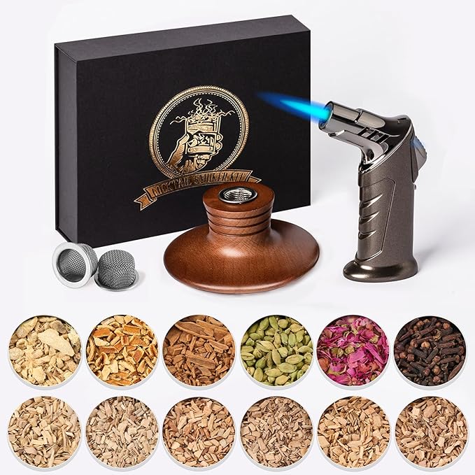 Whiskey Smoker Kit with Torch - 12 Flavors Wood Chips - Cocktail Smoker Infuser Kit, Old Fashioned Drink Smoker Kit, Birthday Bourbon Whiskey Gifts for Men,Dad(NO Butane)