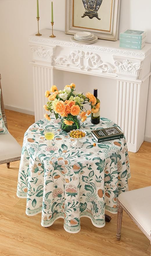 patdrea Designer French Table Cloth for Round Tables,Vintage Italian Floral Tablecloth,Country Summer Linen Tablecloth,Wrinkle Free Table Cover for Kitchen Dining,Christmas,Diameter 55"