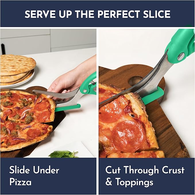 Loftern Green Pizza Scissors - Non-Stick Pizza Scissors with Firm Grip Base - Food Grade Stainless Steel Pizza Cutter - 5-in-1 Food Slicer & Pizza Server - Durable, Safe & Mess Free