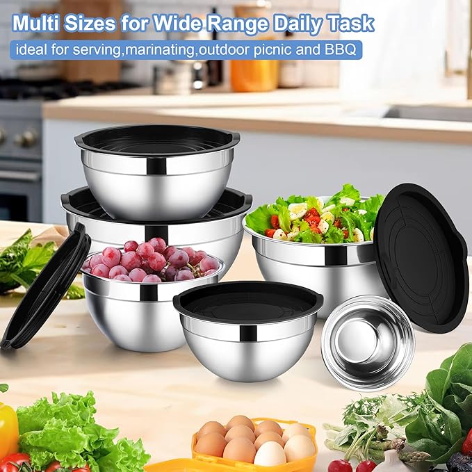 LIANYU 6 PCS Stainless Steel Mixing Bowls with Lids Set, Large Size 7, 3.5, 2.5, 2, 1.5, 1QT, Kitchen Nesting Metal Bowl Sets, Ideal for Baking Cooking Serving Food Storage, Dishwasher Safe, Black