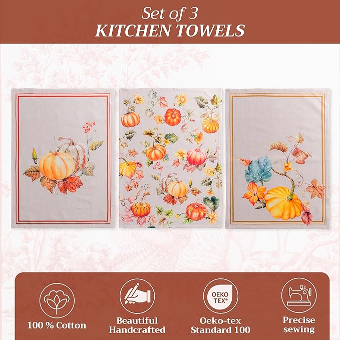 Maison d' Hermine Kitchen Towels Set of 3 100% Cotton 20" x 27.5" Reusable Cloth Tea Dish Towels Absorbent with Hanging Loop for Kitchen Dining Thanksgiving Christmas Decorations (Potiron)