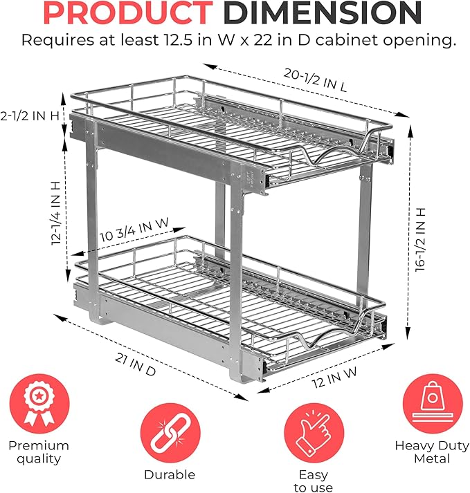 HOLDN’ STORAGE 2-Tier Pull Out Cabinet Organizer, Individual Sliding Drawers - Heavy Duty Metal with Lifetime Limited Warranty - Anti Rust Chrome Finish - 12" W x 21" D x 16.5" H
