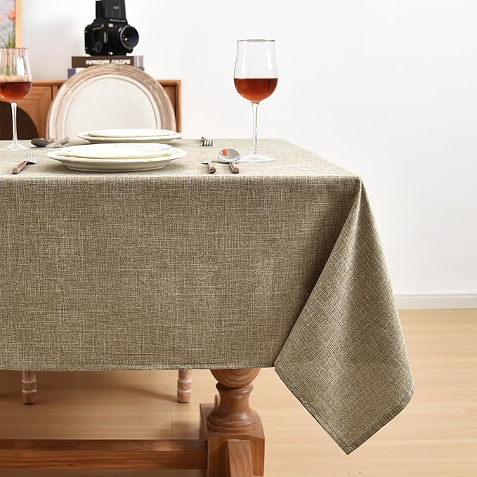 Fitable Faux Linen Table Clothes 60 x 84 Inch - 2 Pack Khaki Tablecloths for Rectangle Tables, Faux Burlap Table Covers for Kitchen Dining, Party, Farmhouse, Baby Shower