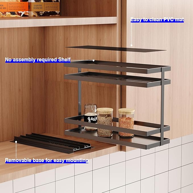 4 Pack Pull Out Spice Rack Organizer for Cabinet, 2 Tier Metal Slide Out Seasoning Organizer and Storage Heavy Duty Vertical Spice Rack Shelf Pullout for Kitchen Cabinets No Drilling (Black)