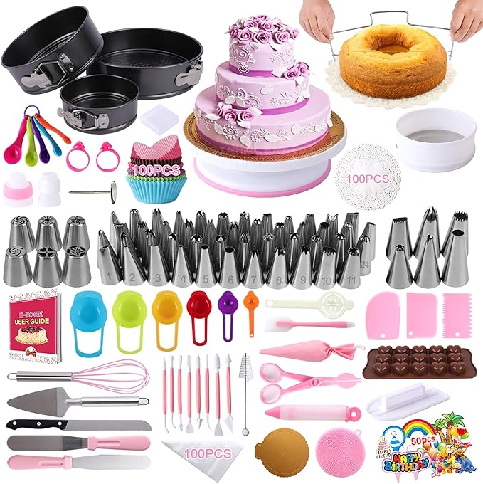Cake Decorating Supplies Kit 464 Pcs with Non-Slip Cake Turntable and Springform Cake Pans，Icing Piping Tips Set，Chocolate Mould & Muffin Cups，Baking Supplies for Beginners and Cake Lovers