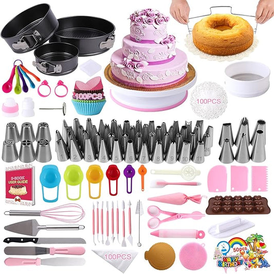 Cake Decorating Supplies Kit 464 Pcs with Non-Slip Cake Turntable and Springform Cake Pans，Icing Piping Tips Set，Chocolate Mould & Muffin Cups，Baking Supplies for Beginners and Cake Lovers