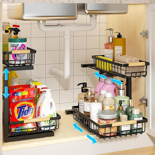REALINN Under Sink Organizer, 2 Pack Height Adjustable Under Sink Organizers and Storage, 2 Tier Pull Out Drawer Cabinet Storage for Kitchen Bathroom