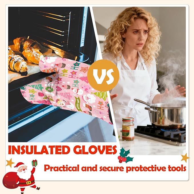 Oven Mitts Pot Holders Set 3 for Kitchen, Merry Christmas Insulation Oven Gloves Heat Resistant Pot Pads Cook Essentials Accessories for BBQ Baking Cooking Kitchen Decor Gifts for Women