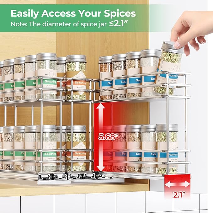 Pull Out Spice Rack Organizer for Cabinet, Slide Out Spice Racks, Easy to Install, 2.1''Wx10.35''Dx8.26''H, 3 Drawers 2 Tiers(Silver)