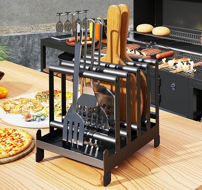 lesolar Pizza Peel Rack with 5 Slots, Steel Pizza Turner Pizza Paddle Organizer, Pizza Holder Rack with Non-Slip Feet, Pizza Turning peel Holder Rack Space Saving, Outdoor Pizza Oven Accessories