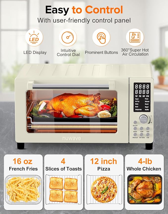 Nuwave Bravo Pro Smart Air Fryer Toaster Oven Combo, Airfryer Convection Oven Countertop, 10-in-1 Functions with Quicker & Even Crisp Technology, 1800W, 50-450°F, PFAS-Free, 21QT, Vanilla Cream