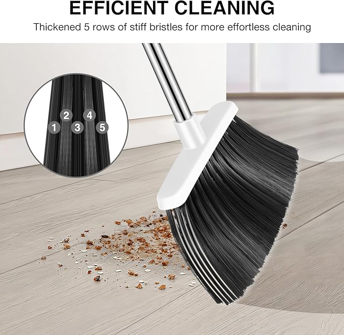 NACENA Broom and Dustpan Set, 52-in Long Adjustable Handle Broom Dustpan Combo with Dustpan Teeth to Automatically Clean Hair Suitable for Home Kitchen Office Hall Floor (Grey&White), 2 Pack
