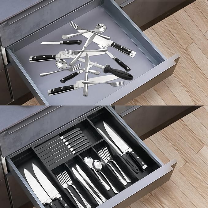 VaeFae Premium Bamboo Silverware Drawer Organizer Kitchen, Expandable Utensil Organizer with Knife Block, Cultery Tray with Divider for Flatware (Black)