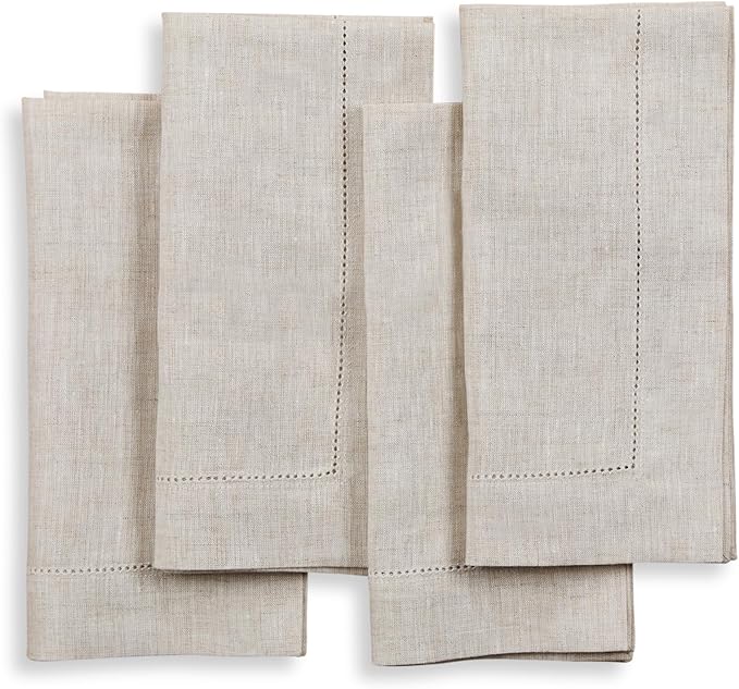Solino Home Light Natural Linen Napkins Set of 4-100% Pure Linen Hemstitch Dinner Napkins 20 x 20 Inch for Fall, Autumn, Thanksgiving, Christmas, Holiday - Classic Hemstitch