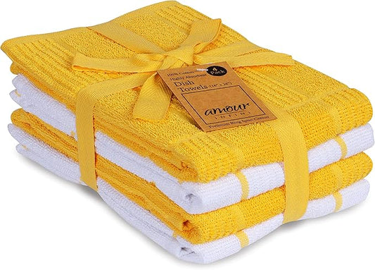 AMOUR INFINI Kitchen Towels Pack of 4 Absorbent, Quick Drying Premium Terry Cotton Dish Towel with Hanging Loop 16x28 Inch Hand & Tea Towels (Yellow)