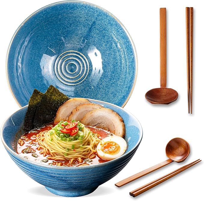 8 Inch Ceramic Ramen Bowl Set of 2, 40oz Japanese Bowls with Spoons & Chopsticks,Durable,Microwave & Dishwasher Safe,Perfect for Ramen,Pho,Salad,Soup,Noodles，Mixing bowls（Azure）